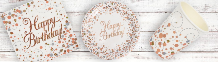 Rose Gold Confetti Happy Birthday Party Supplies and Ideas